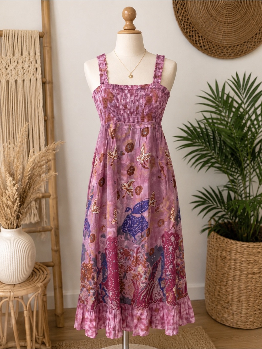 NWT Boho Pink Smocked Maxi Dress | Ocean Print Sleeveless Sundress M